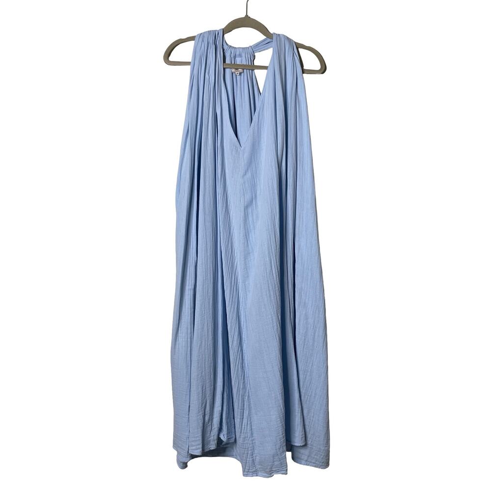 Mille resort blue cotton muslin maxi dress with pockets sz M